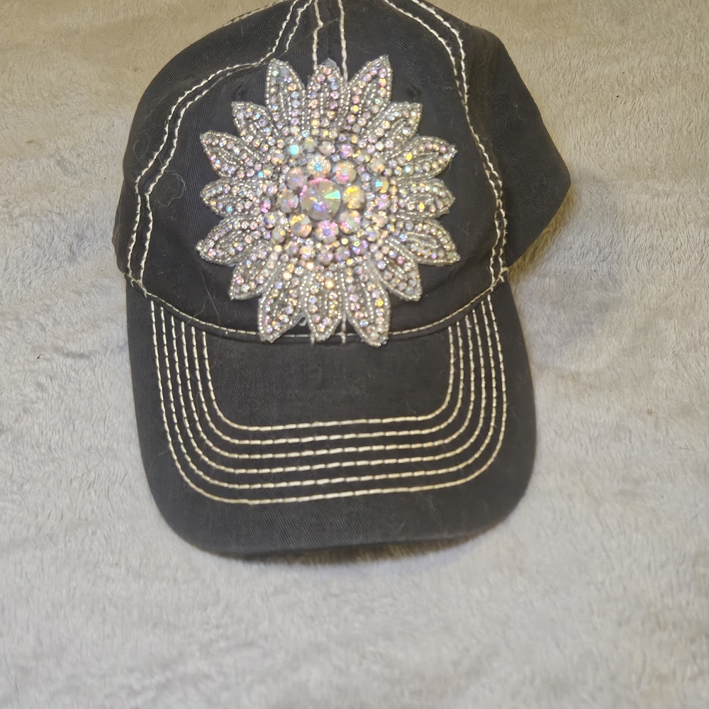 Black Cap with Rhinestone Flower